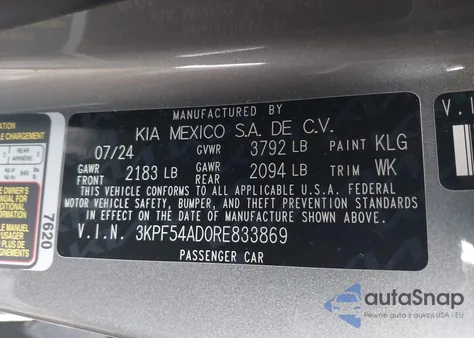 2024 Kia Forte Gt-Line z USA, uszkodzony, nr VIN 3KPF54AD0RE833869